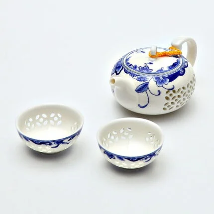Blue and White Ceramic Teapot and Cup Set